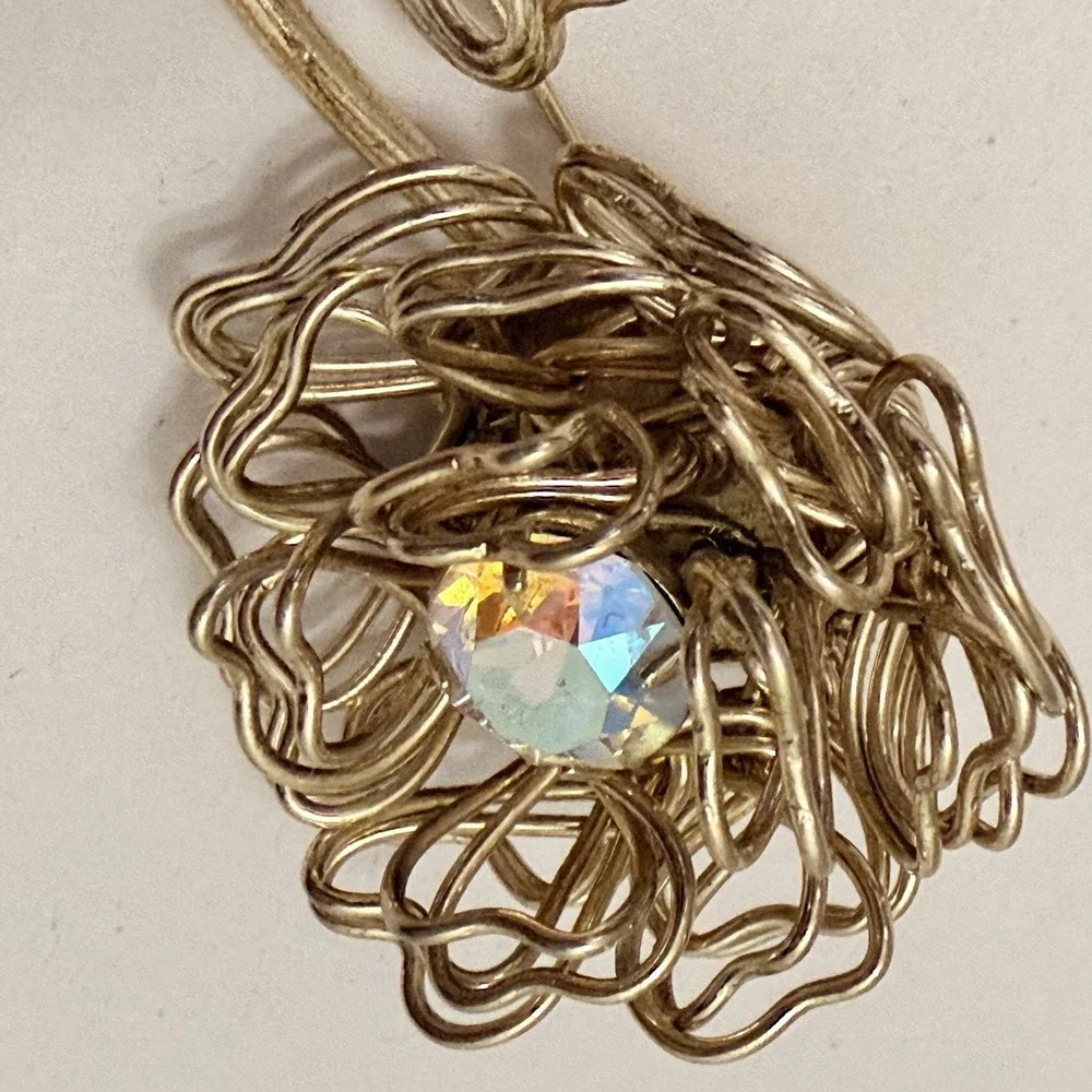 Vintage Brooch MCM Flower Heart Aurora Borealis Rhinestone Fashion Gold Large 3